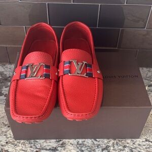 Louis Vuitton Red Leather Driving Loafers with Navy & White Stripe